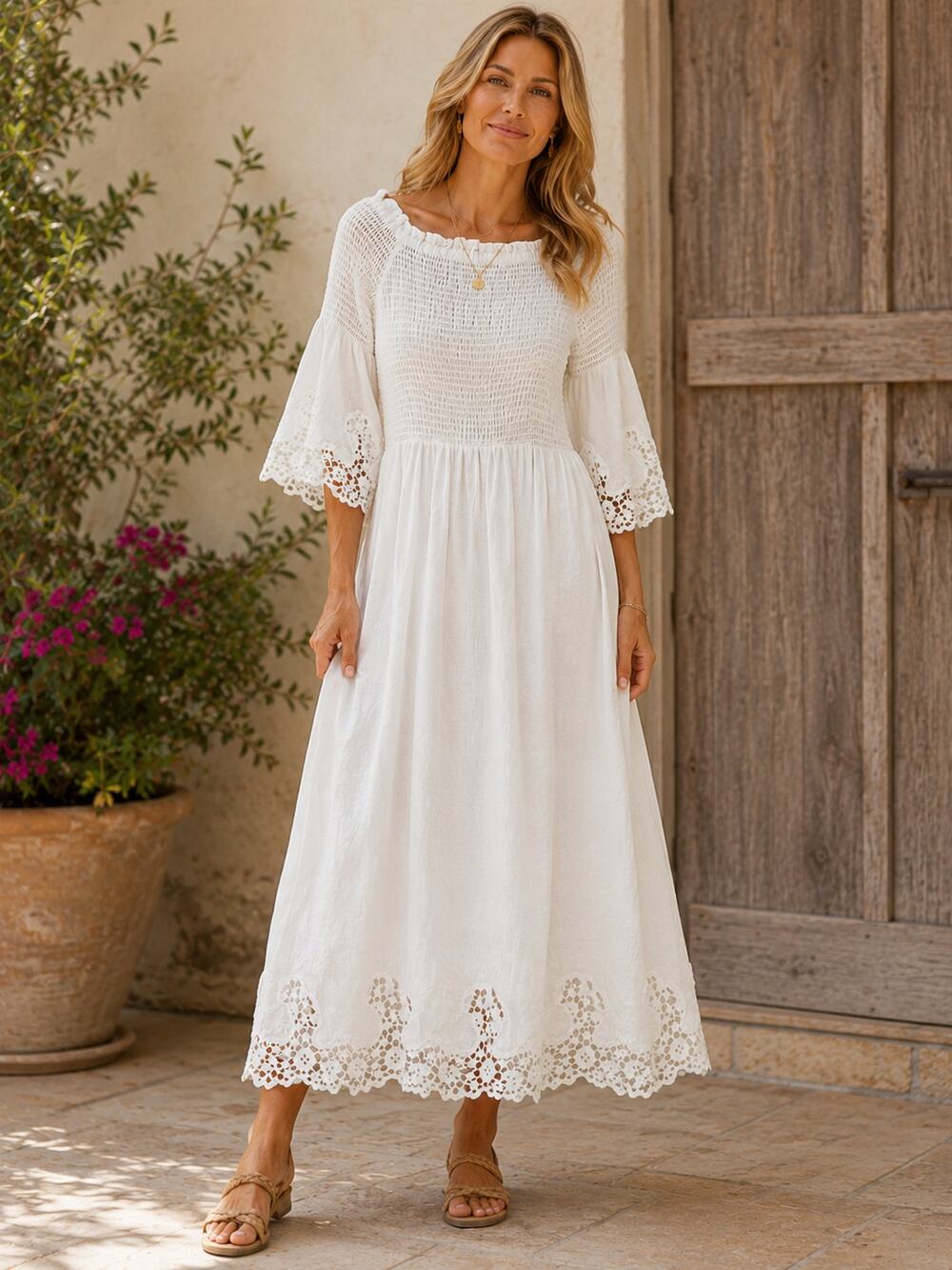 Soft Surroundings SZ XL 100% Linen Smocked Midi Dress Cream 2AF41 NWOT